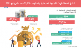 انخفاض تدفق الاستثمارات الأجنبية المباشرة بالمغرب بنسبة 53,9 في المائة مع متم يناير 2021